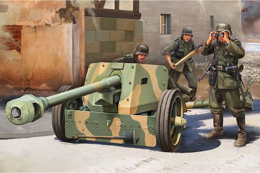 Box art painting of a 1/16 German Pak 40 anti-tank gun with three soldiers in a battlefield setting.