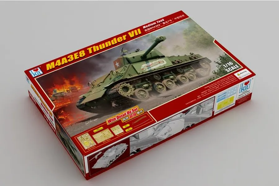 I Love Kit 1/16 scale M4A3E8 Thunder VII Medium Tank plastic model kit packaging box showing artwork.