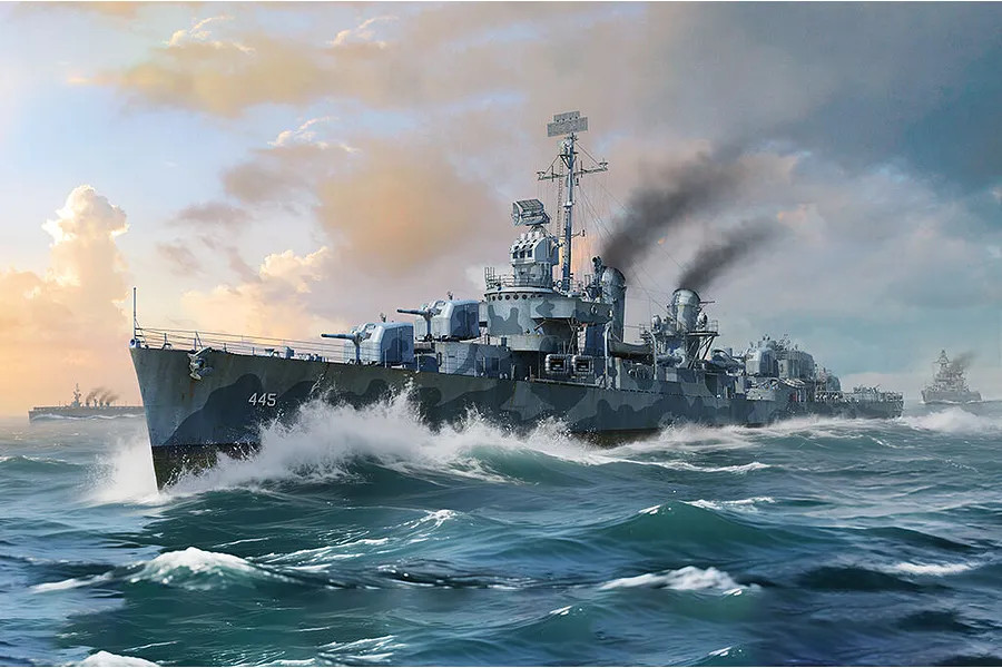 Artwork of the USS Fletcher DD-445 destroyer steaming through choppy ocean waters under a cloudy sky.