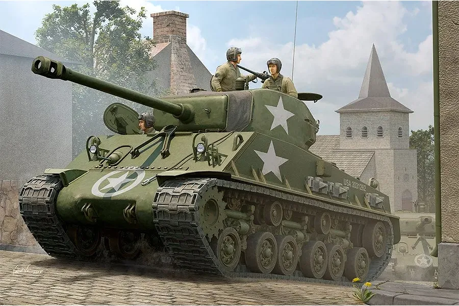 Detailed box art painting of an M4A3E8 Sherman Easy Eight military tank driving down a European cobblestone street with three crew members.