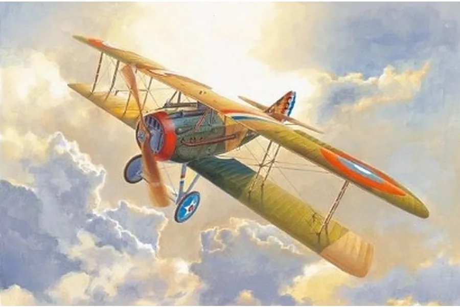 Painted artwork of a vintage biplane fighter aircraft flying through a cloudy sky with the sun shining behind it.