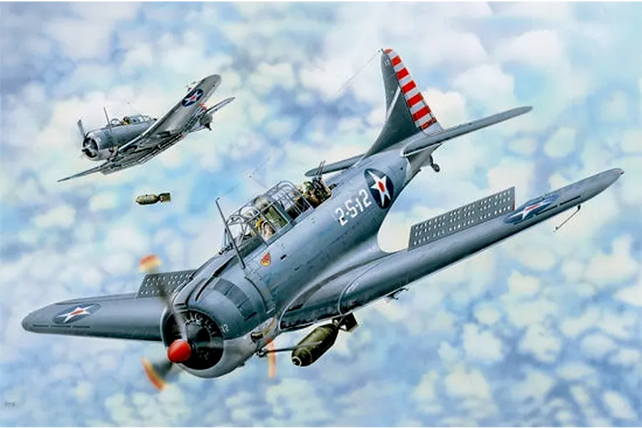 Box art illustration of two SBD Dauntless bomber aircraft flying in formation against a cloudy sky.