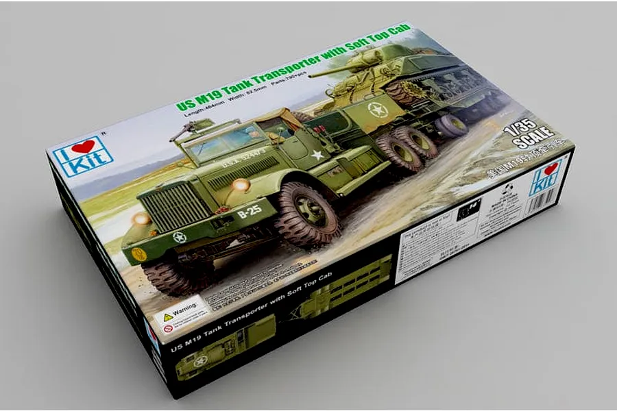 I Love Kit 1/35 M19 Tank Transporter with Soft Top Cab plastic model kit box packaging shown from an angled top view.