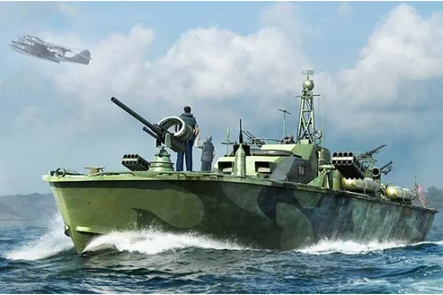 Artwork of an Elco 80' motor patrol torpedo boat cruising on the ocean with crew and an aircraft in the sky.