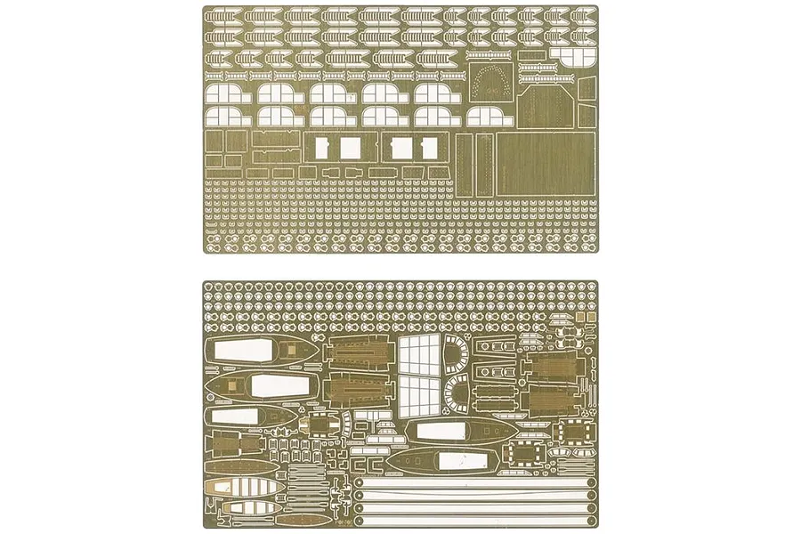Two brass photo-etched detail up sheets for a 1/200 scale Bismarck model kit showing various parts.