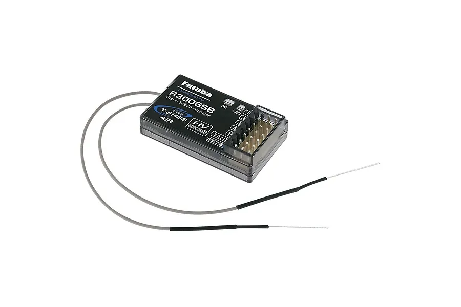 Futaba R3006SB receiver with dual antennas and pin connectors on a clean white background.