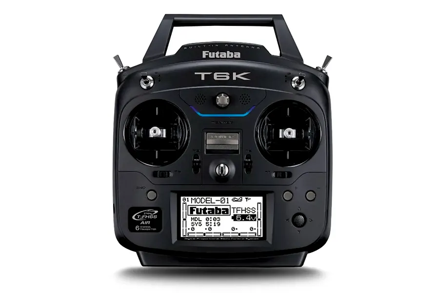 Futaba T6K 2.4GHz 8-channel RC transmitter shown from the front against a white background.