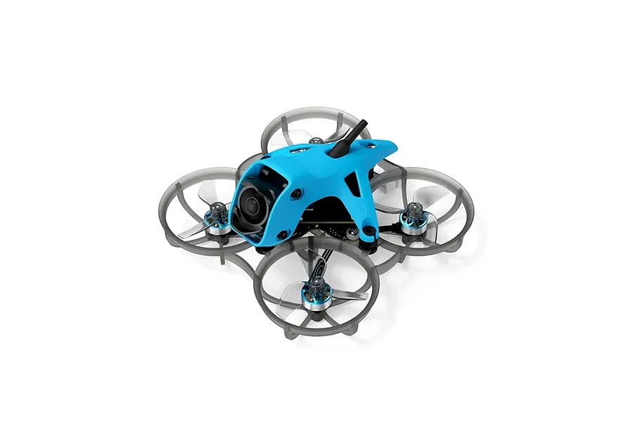 BetaFPV Meteor65 Pro FPV drone featuring a bright blue canopy, gray propeller guards, and clear propellers on a white background.