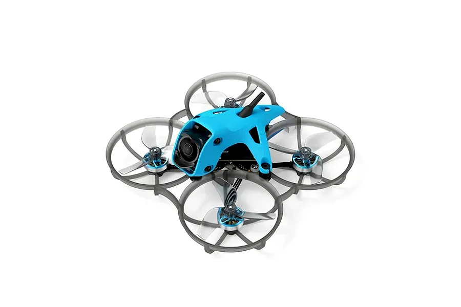 Studio shot of a BetaFPV FPV quadcopter drone with a bright blue canopy and grey ducted frame against a plain white background.