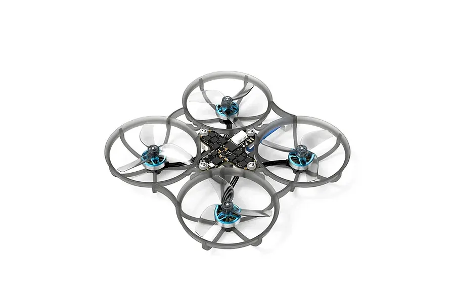 BetaFPV Meteor75 Pro FPV drone seen from an overhead studio angle showcasing its quad duct frame, flight controller, and motors.