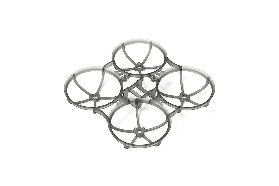 Studio product shot of a clear grey BetaFPV Meteor75 Pro II quadcopter drone frame against a white background.