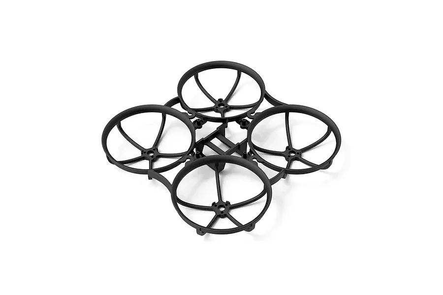 Black BetaFPV Meteor75 Pro II drone frame showing four integrated propeller ducts and a central mounting structure.