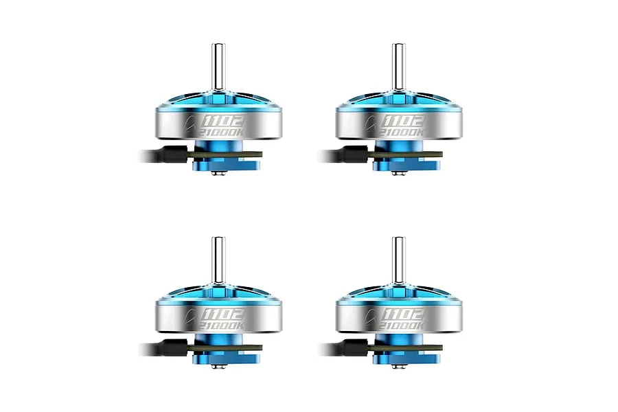 Four blue and silver BetaFPV Freestyle 1102 21000kV brushless motors arranged in a 2x2 grid on a plain white background.