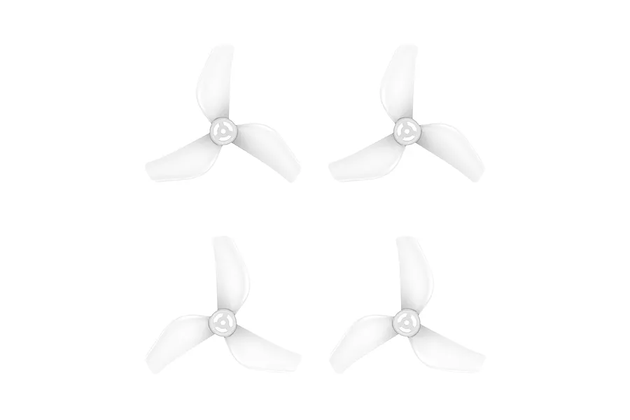 Four white 3-blade drone propellers arranged in a grid on a clean white background.
