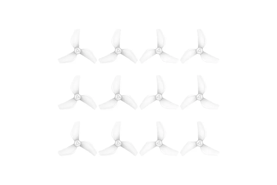 Set of twelve white three-blade drone propellers arranged in a neat grid against a plain white background.