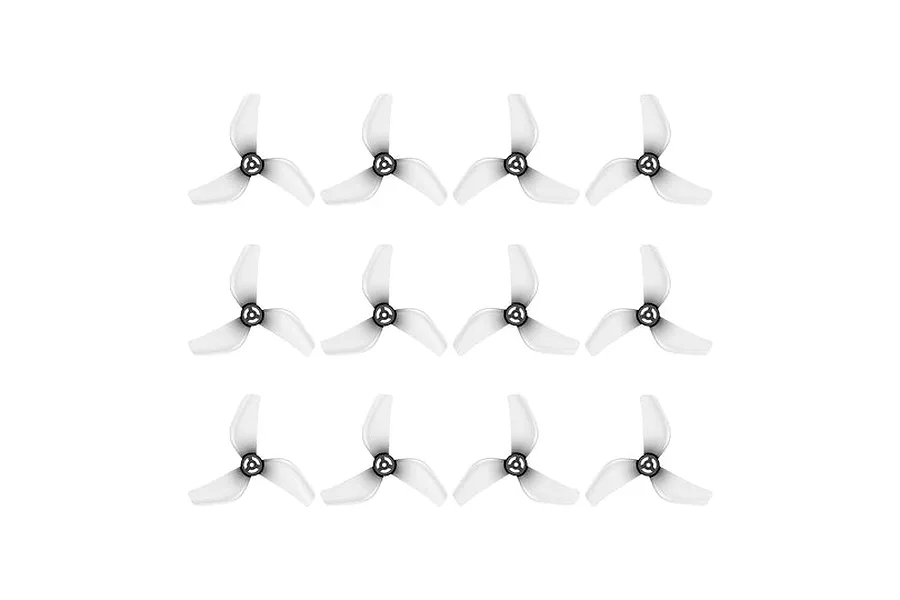 Set of twelve clear grey 3-blade RC drone propellers arranged in a 4x3 grid against a plain white background.