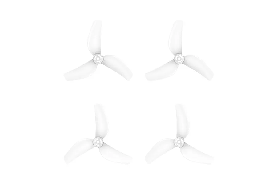 Four white 3-blade drone propellers displayed flat against a plain white studio background.