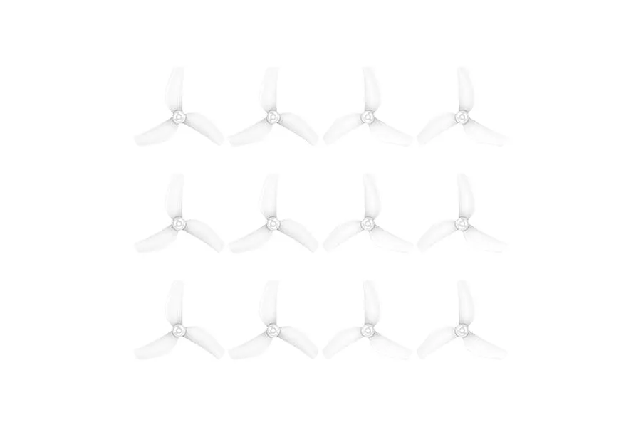 Twelve white three-blade drone propellers arranged in three rows of four against a clean white background.
