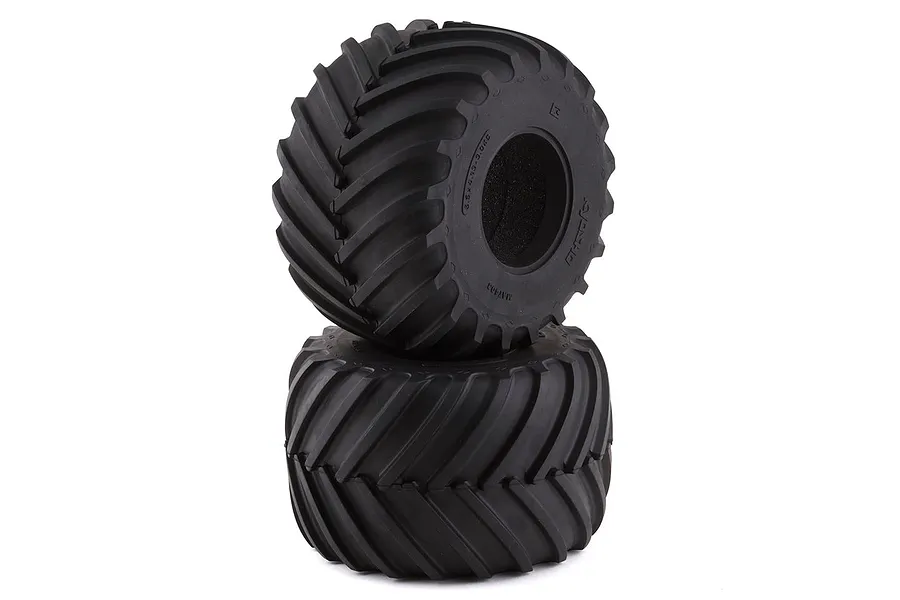 Two black rubber monster truck tyres with V-shaped tread stacked on a white background.