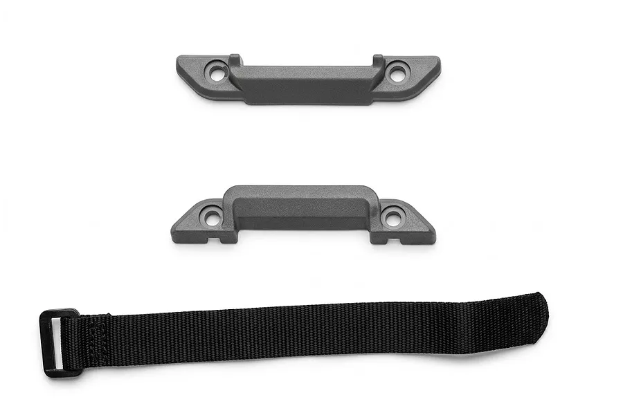 Xinlehong 1/18 battery straps set including two dark grey plastic mounting brackets and one black fabric strap.