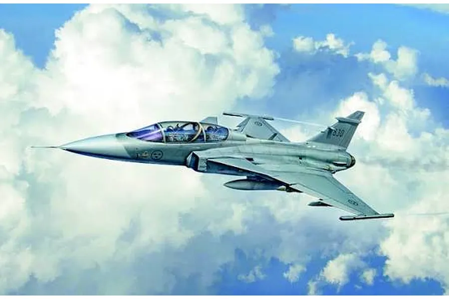 Illustration of a grey twin-seater fighter jet flying through a cloudy sky, depicting the Italeri JAS-39D Gripen model box art.