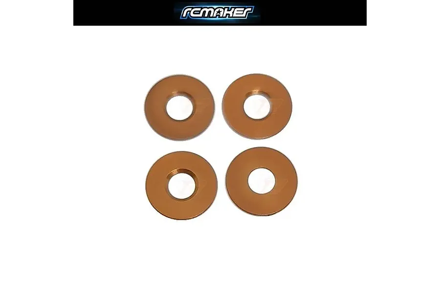 Four copper-coloured RC Maker chassis roll centre washers arranged in a square on a white background with a brand logo at the top.