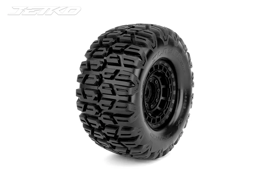 Jetko 1/5 Ex-Slayer XMT belted RC tyre mounted on a black claw rim against a white background.