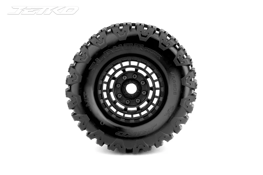 Jetko Ex-Slayer XMT belted tyre mounted on a black claw rim against a white background.