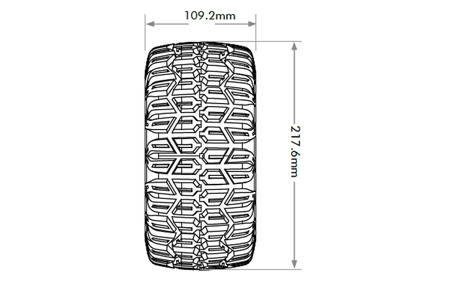 Technical dimension diagram of Jetko 1/5 Ex-Slayer XMT tyre showing 109.2mm width and 217.6mm outer diameter.