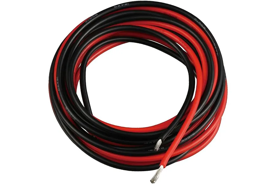 A coiled bundle of red and black 16AWG silicone wire with stripped and tinned ends against a plain white background.