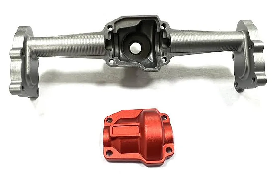 Hobby Plus aluminium rear axle housing in silver with a separate red differential cover on a white background.