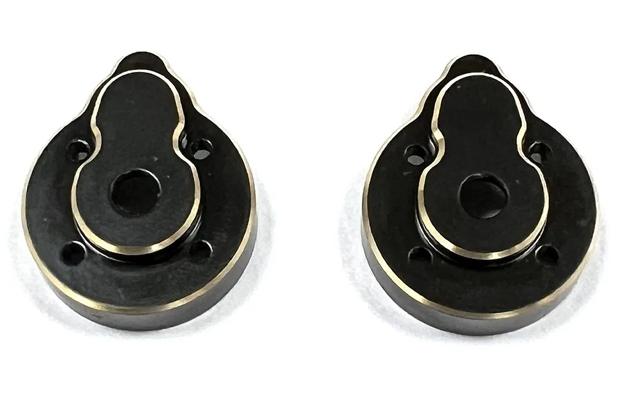Two black and brass rear portal hub covers shown against a plain white background.