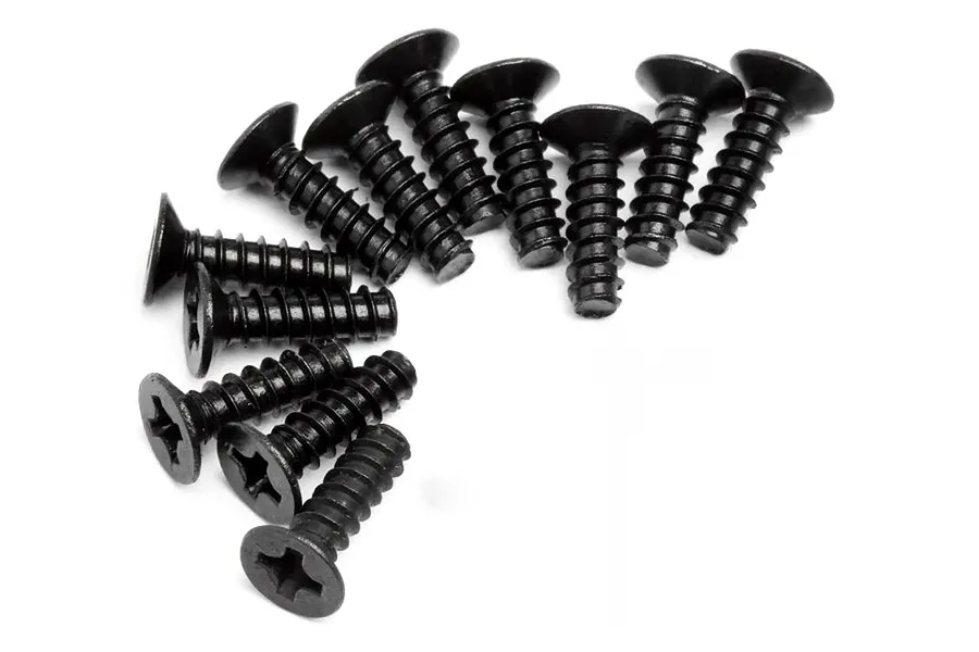 A collection of black countersunk coarse thread screws arranged on a plain white background.