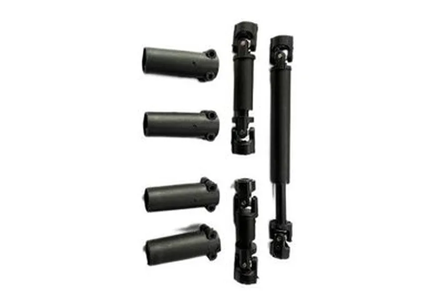 Hobby Plus driveshaft and rear axle hub set containing seven black plastic RC replacement parts against a white background.