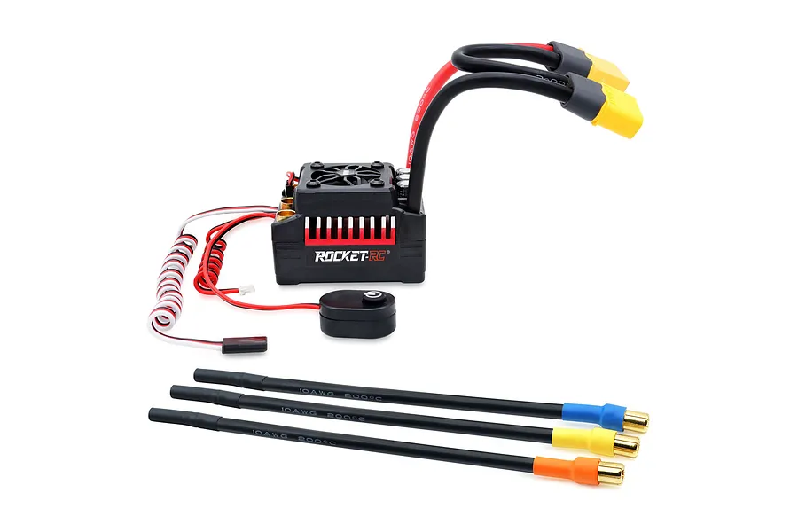 Rocket RC 160A brushless electronic speed controller with cooling fan, power switch, dual battery wires with XT90 connectors, and loose motor wire leads.