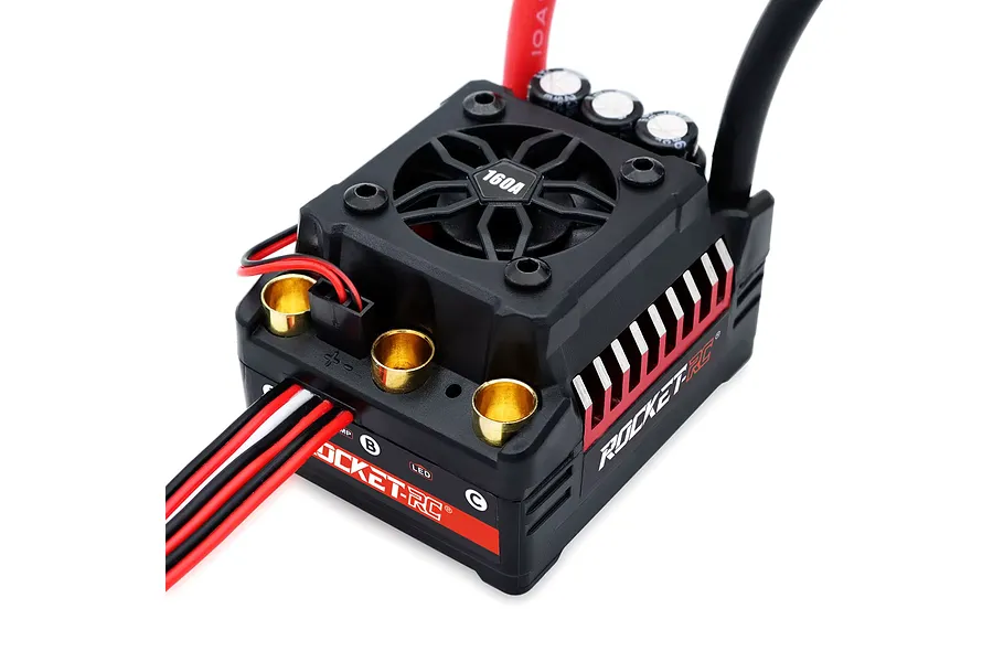 Rocket RC 160A brushless electronic speed controller with cooling fan, gold connectors, and red and black wires against a white background.
