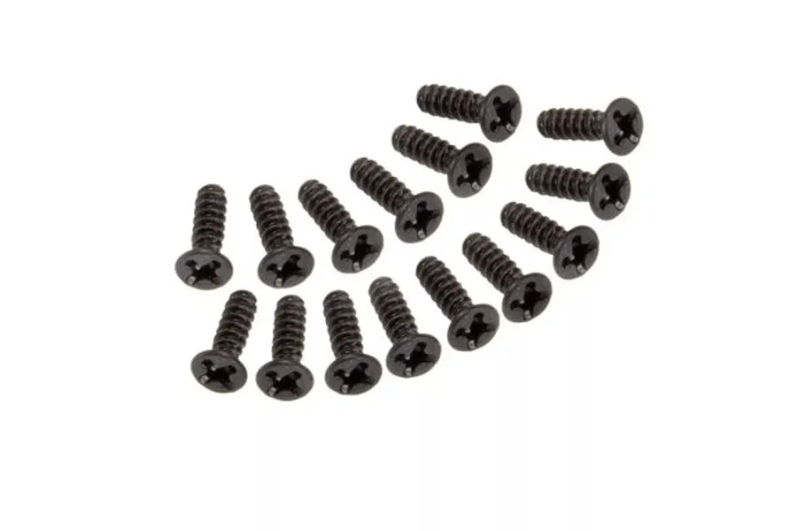 Fifteen black countersunk Phillips head screws displayed against a plain white background.