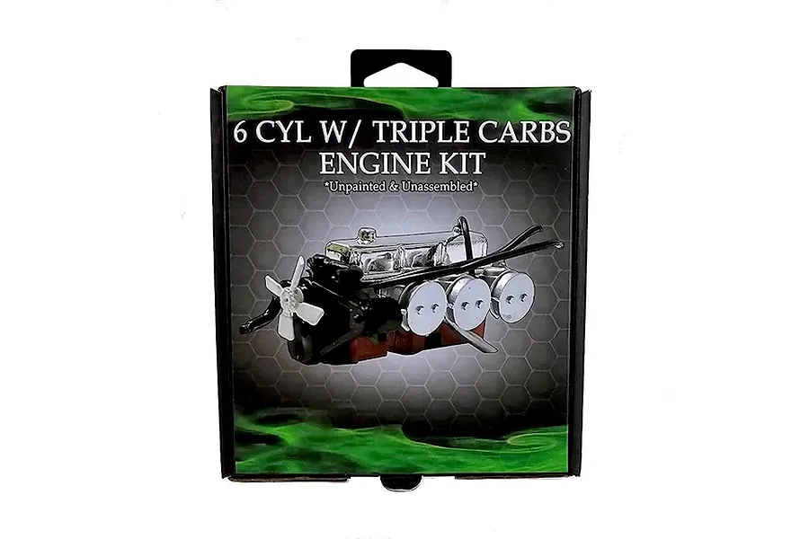 Product packaging for DDA 1/24 scale straight 6 engine kit with triple carburetors, showing a photo of the assembled engine model.