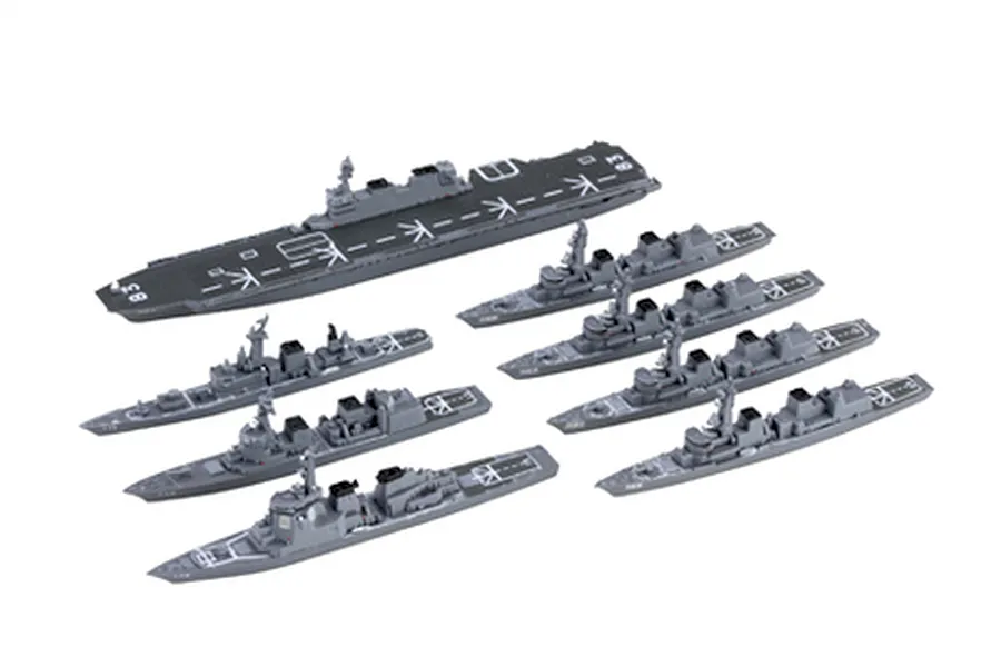 Completed Fujimi 1/3000 scale model kit of the JMSDF Escort Flotilla 1 showing several grey naval ships against a white background.