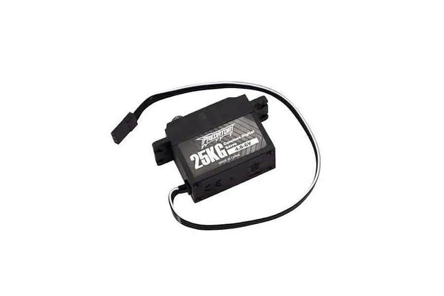 Studio shot of a black FMS Predator 25KG digital servo with attached wire harness and connector against a white background.