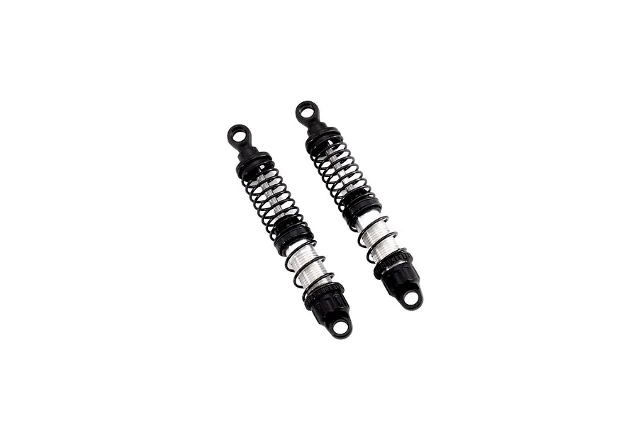 Two complete adjustable RC shock absorbers with black springs and caps against a plain white background.