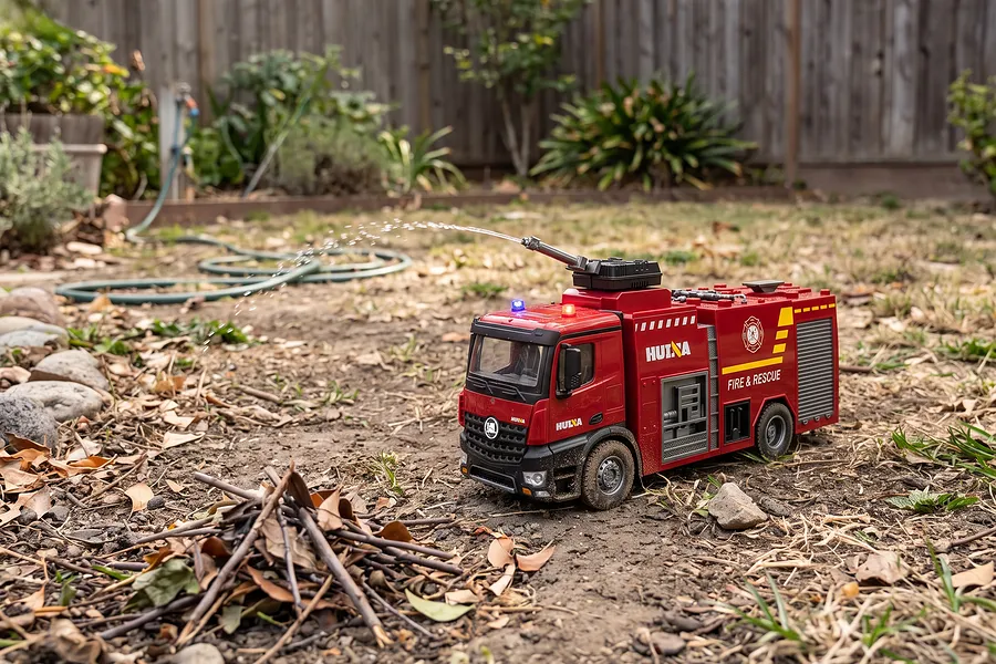 Huina 1562 RC fire truck spraying water from its roof cannon in an outdoor backyard setting.