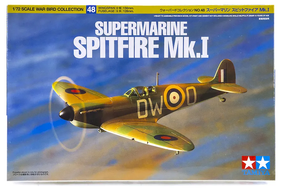Tamiya 1/72 scale Supermarine Spitfire Mk.I plastic model kit box art showing a camouflaged fighter plane in flight.