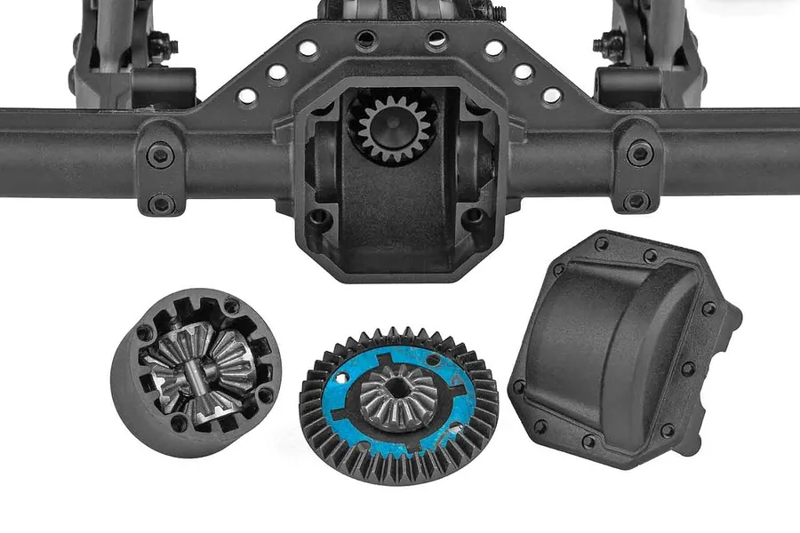 Element RC Gaterunner rear axle assembly showing internal differential gears and housing cover on a white background.