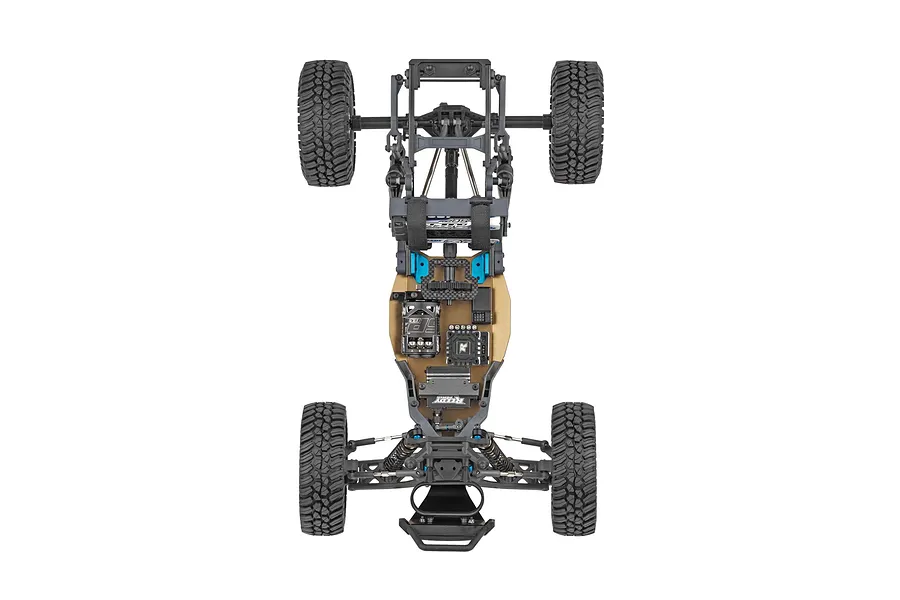 Top down studio view of the Element RC Gaterunner 1/10 scale trophy truck chassis showing electronics and suspension layout.