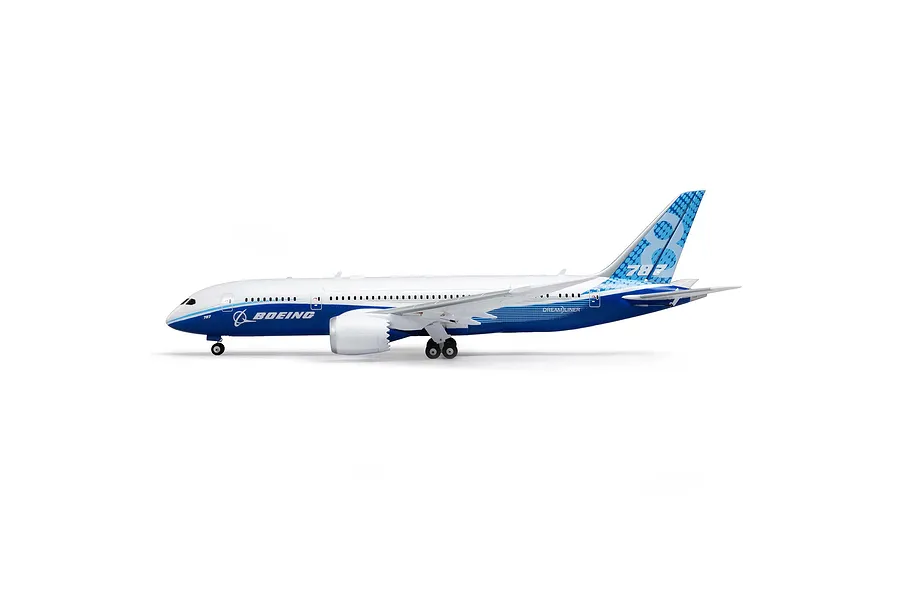 Studio side profile shot of the E-Flite Micro Boeing 787 Dreamliner RC plane featuring blue and white livery against a white background.