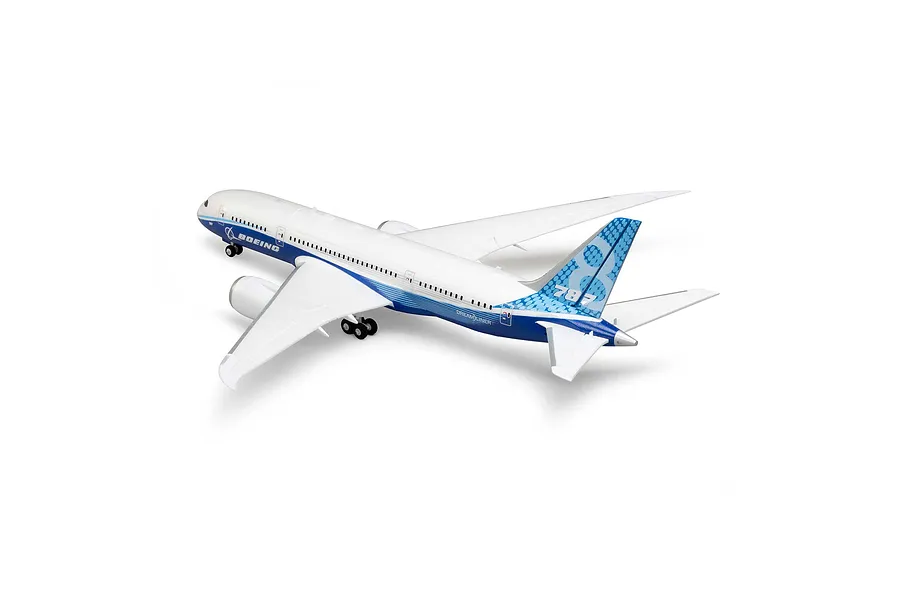 E-Flite Micro Boeing 787 Dreamliner RC airplane viewed from rear quarter in studio setting against white background.