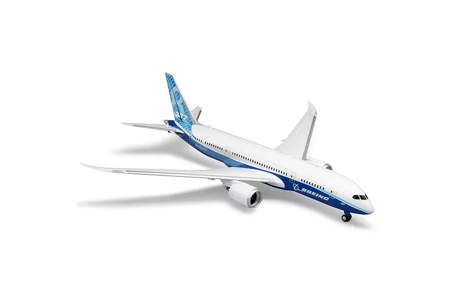 Studio shot of the E-Flite Boeing 787 Dreamliner micro RC airliner viewed from the front right against a white background.
