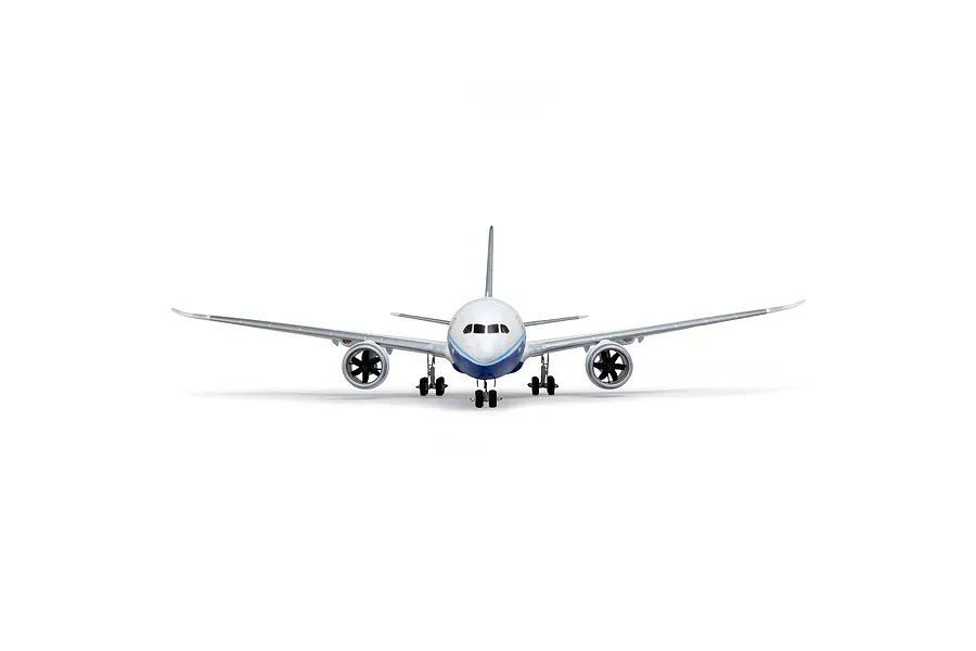 Front view of the E-Flite Micro Boeing 787 Dreamliner RC jet on a white background, showing its twin engines and landing gear.