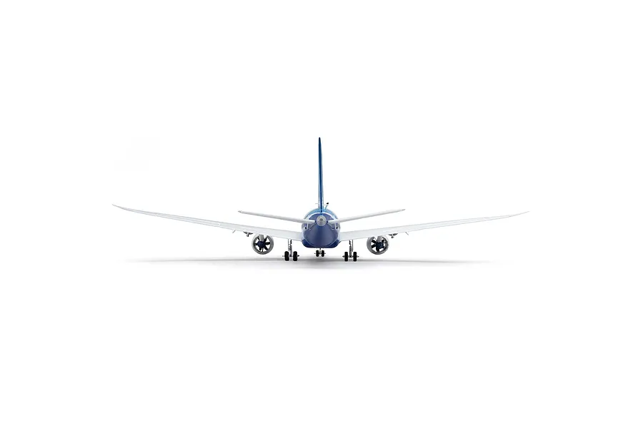 Rear studio view of the E-Flite micro Boeing 787 Dreamliner RC airplane showing its landing gear and swept wings against a white background.